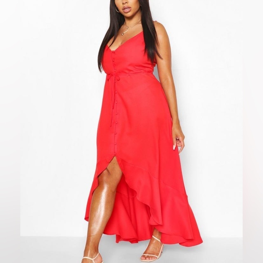 NWT - Boohoo Plus Ruffle Tie Front Strappy Maxi Dress - Size 12